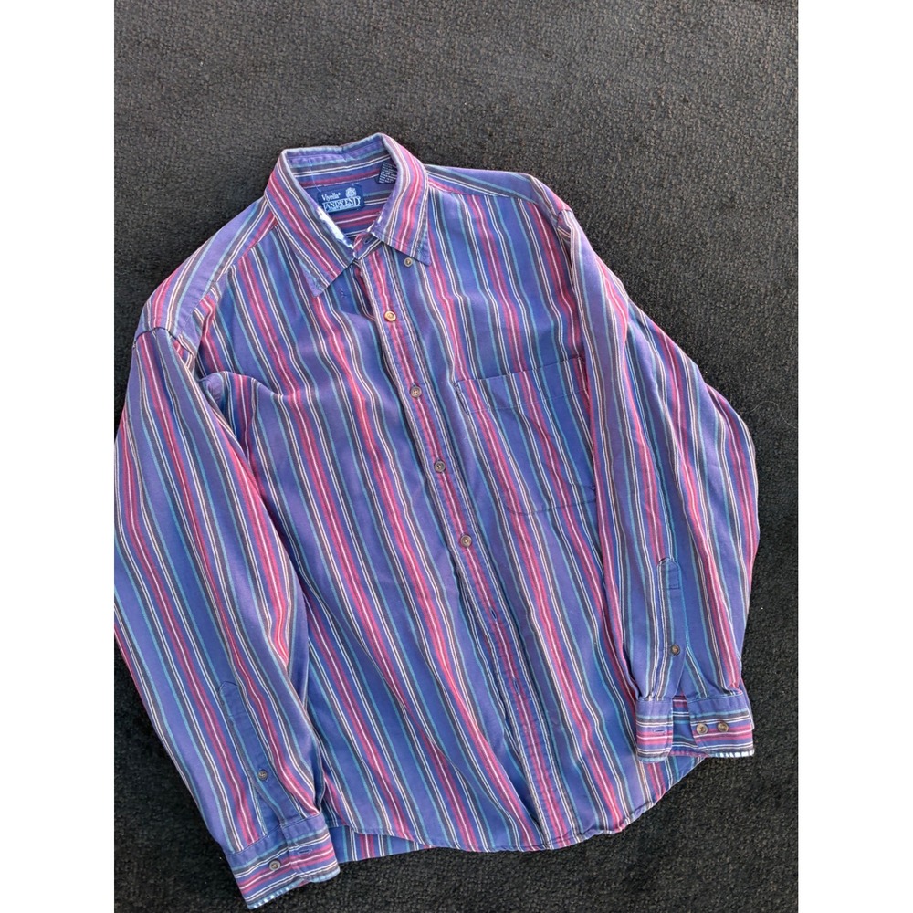 Vintage Lands End Viyella Shirt Mens Medium Purple Red Striped Cotton Wool Blend